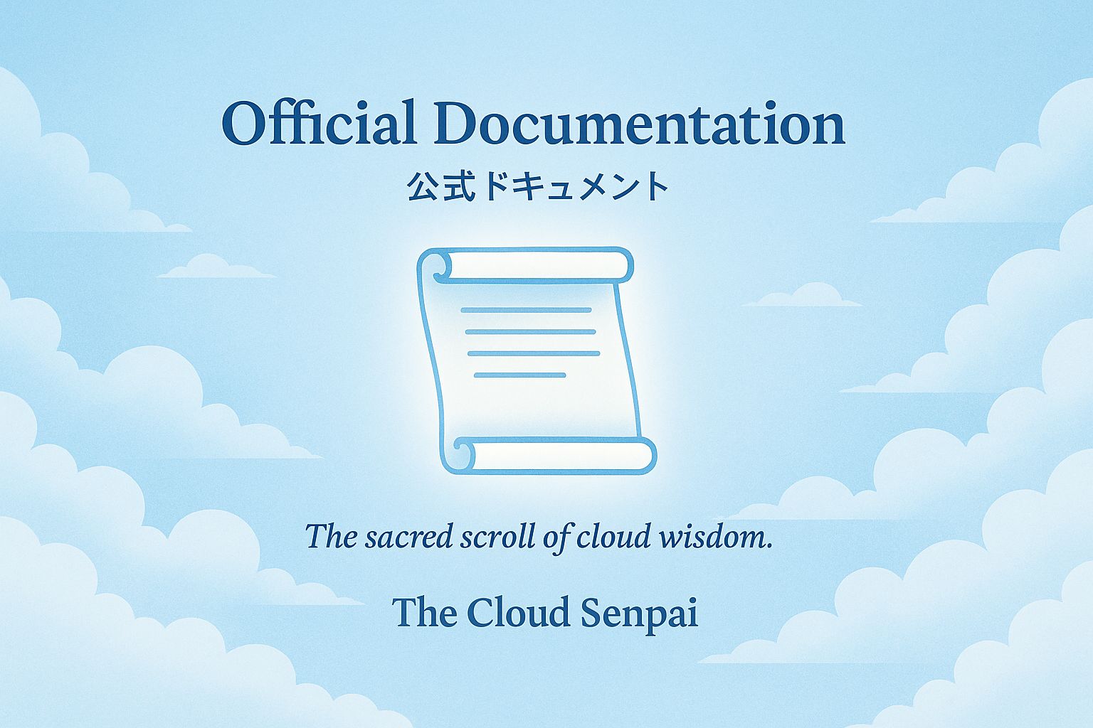 Official Documentation — glowing digital scroll in a soft sky